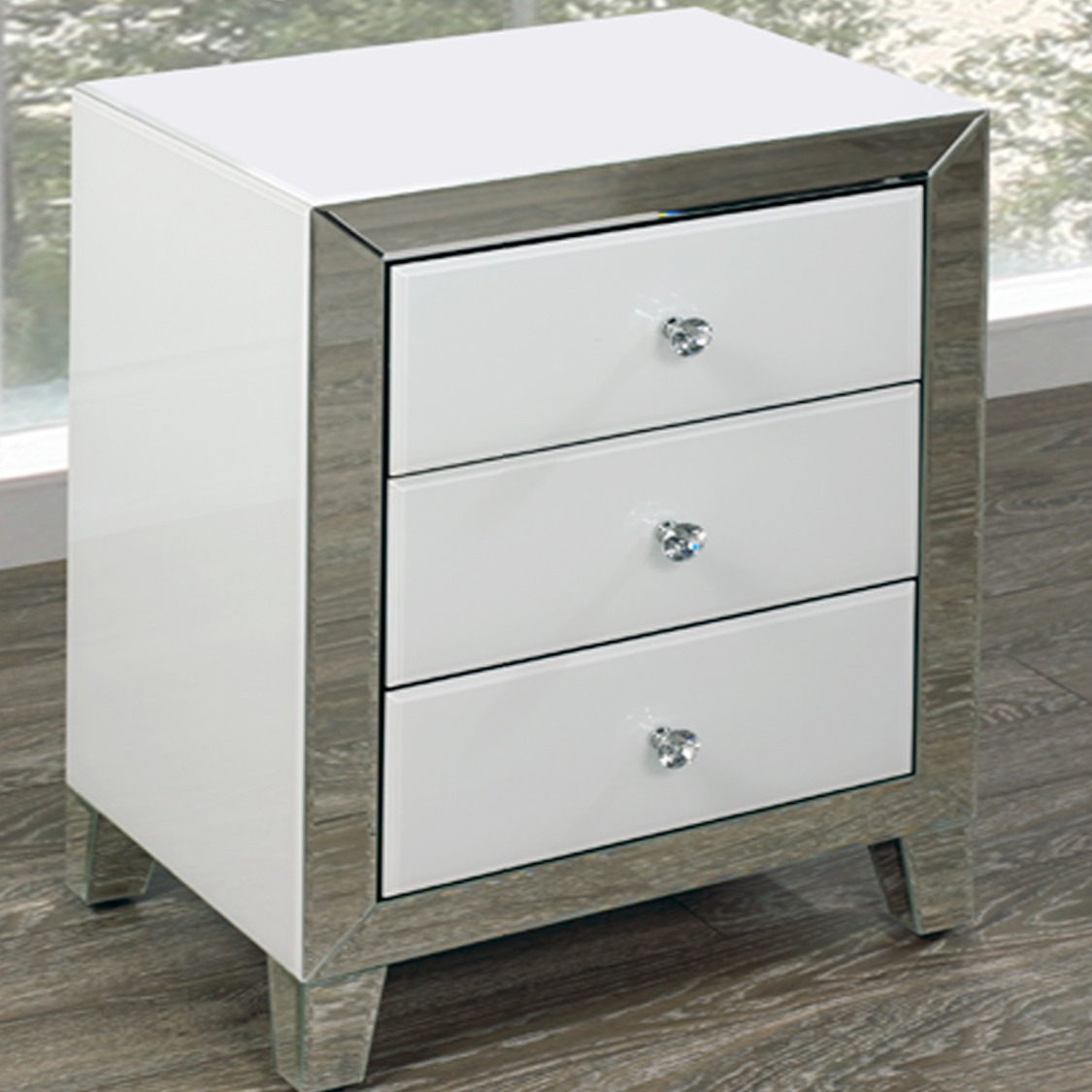 White Mirror Glass Side Table Small 3 Drawer