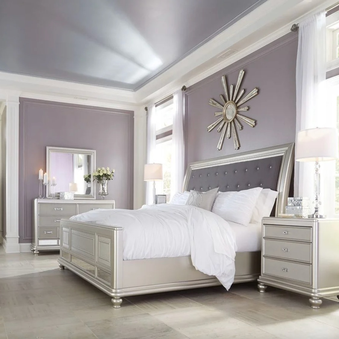 Ashley Coralayne 6 PC Stylish Queen Bedroom Set in Mid-Sheen Silver