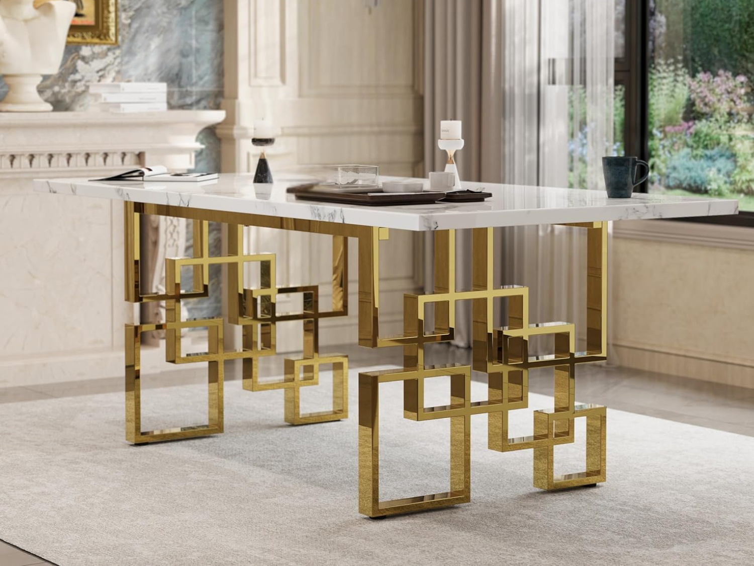 79 Inch Elegant Designer Marble Table with Gold Legs