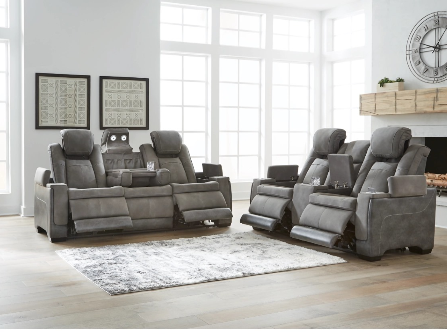 Power Reclining Sofa Set with LED Lighting, Drop-Down Table & Storage Console