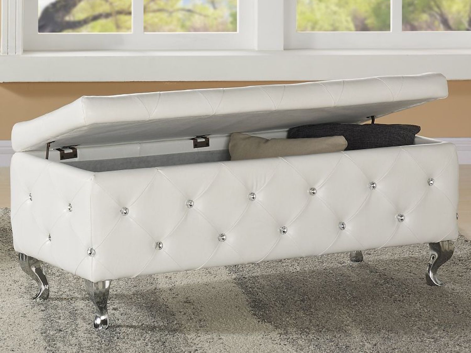 Monique-Storage Ottoman in White Faux Leather Upholstery