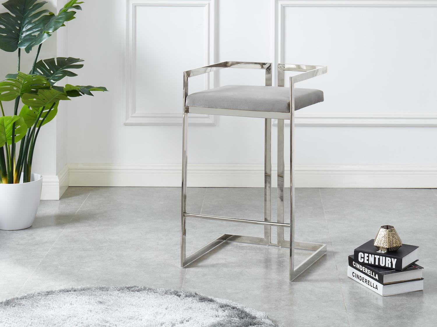 Grey Velvet Stool with Steel Base
