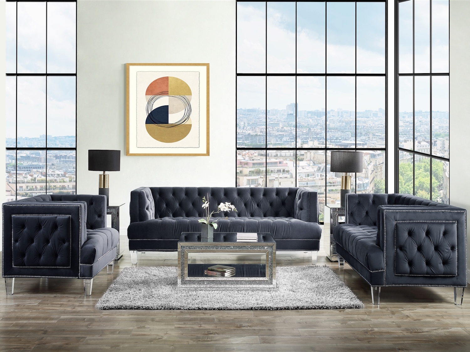 Ansario Black Velvet Sofa & Love Seat