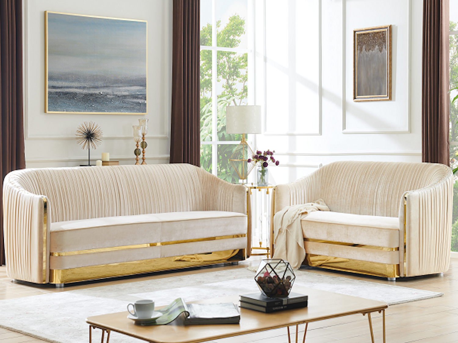 Beige Velvet Sofa Set W/Golden Frame