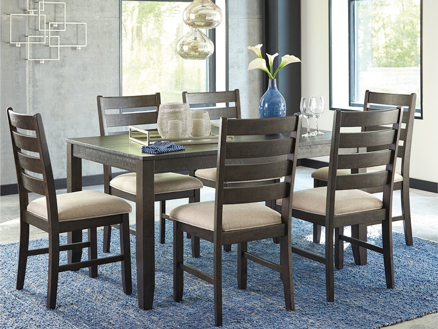 Ashley Dining Set in Dark Brown Rokane 7 PC Dining Room Set