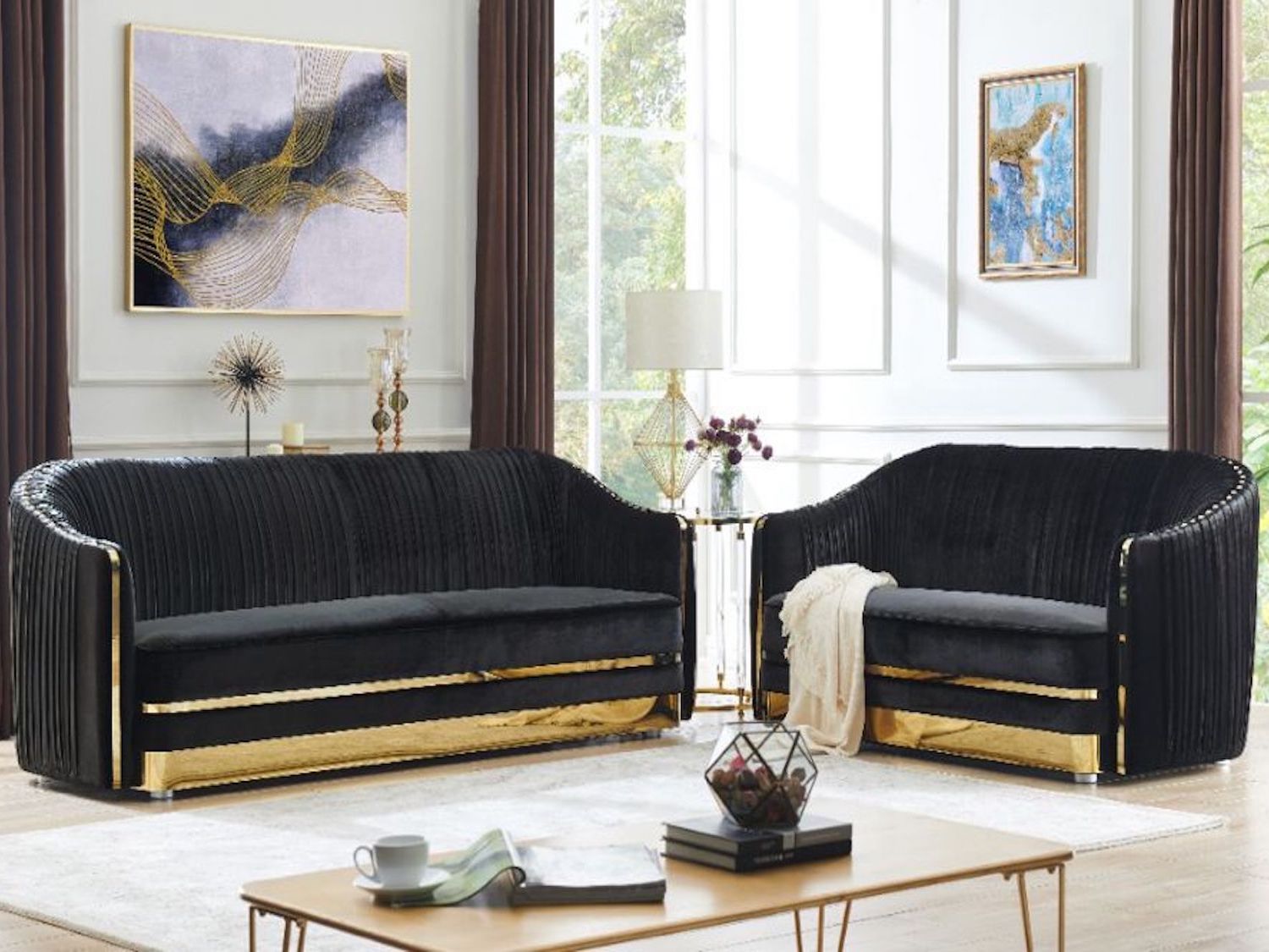Black Velvet Sofa Set W/Golden Frame