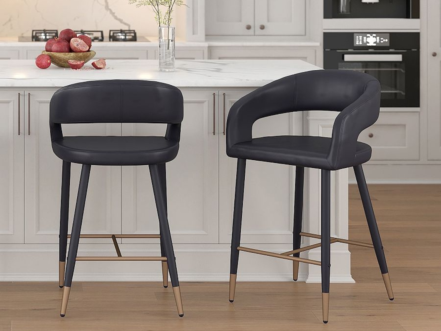 Crimson 26 inch Counter Stool, Set of 2, in Black Faux Leather and Black and Aged Gold