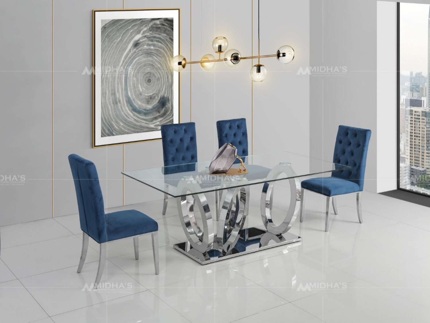 79 Inch 3 Ring Design Tempered Glass Dining Table Only