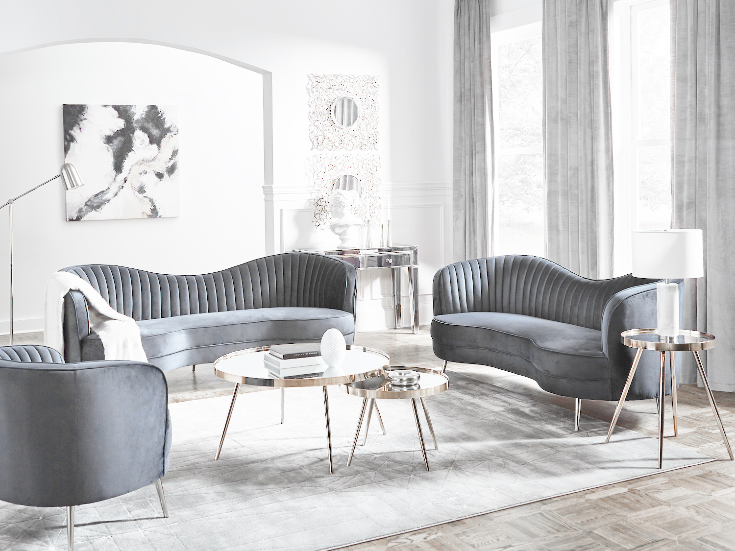 Sophia Velvet Grey Sofa & Love Seat