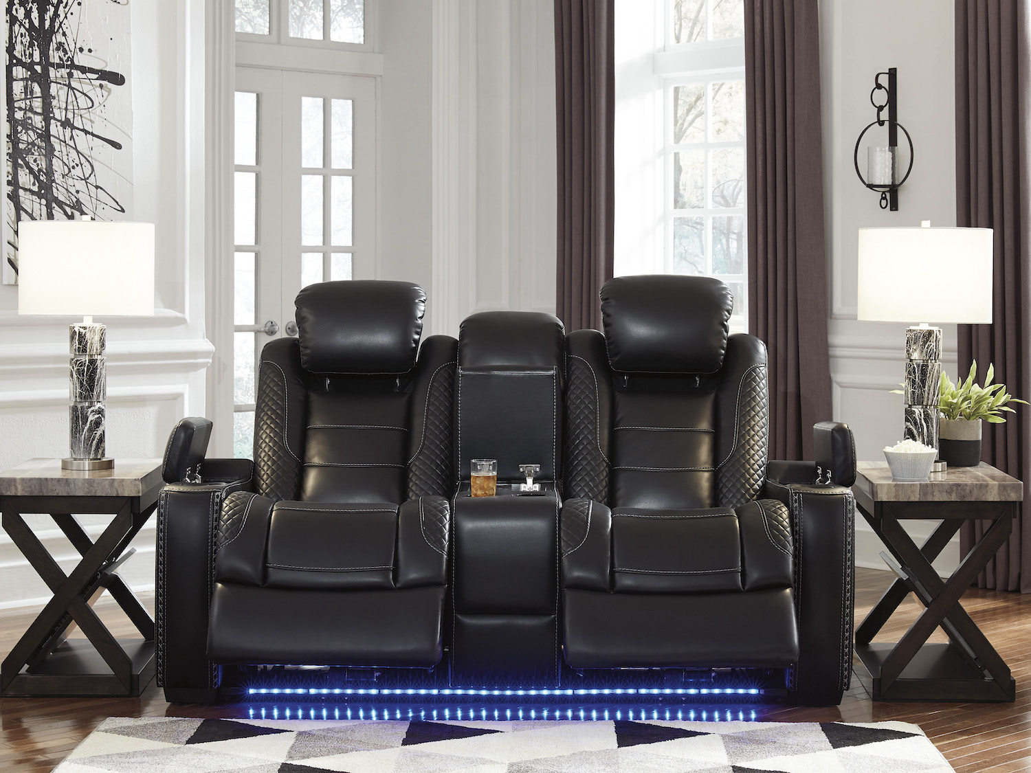 Ashley Party Time Power Reclining Sofa Includes USB Charging with LED Lighted Cup Holder