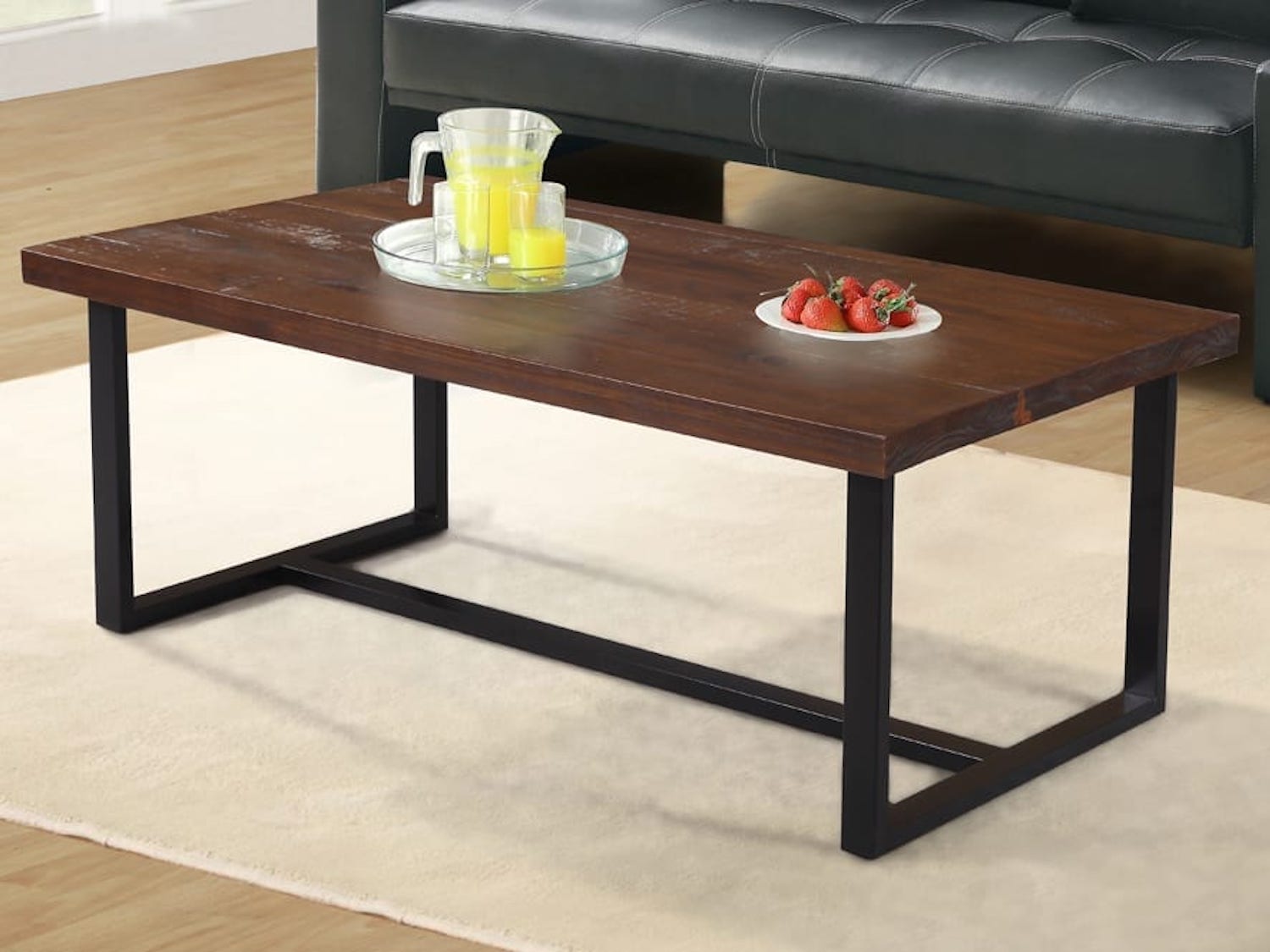 Contemporary Wooden Coffee Table with Black Metal Base