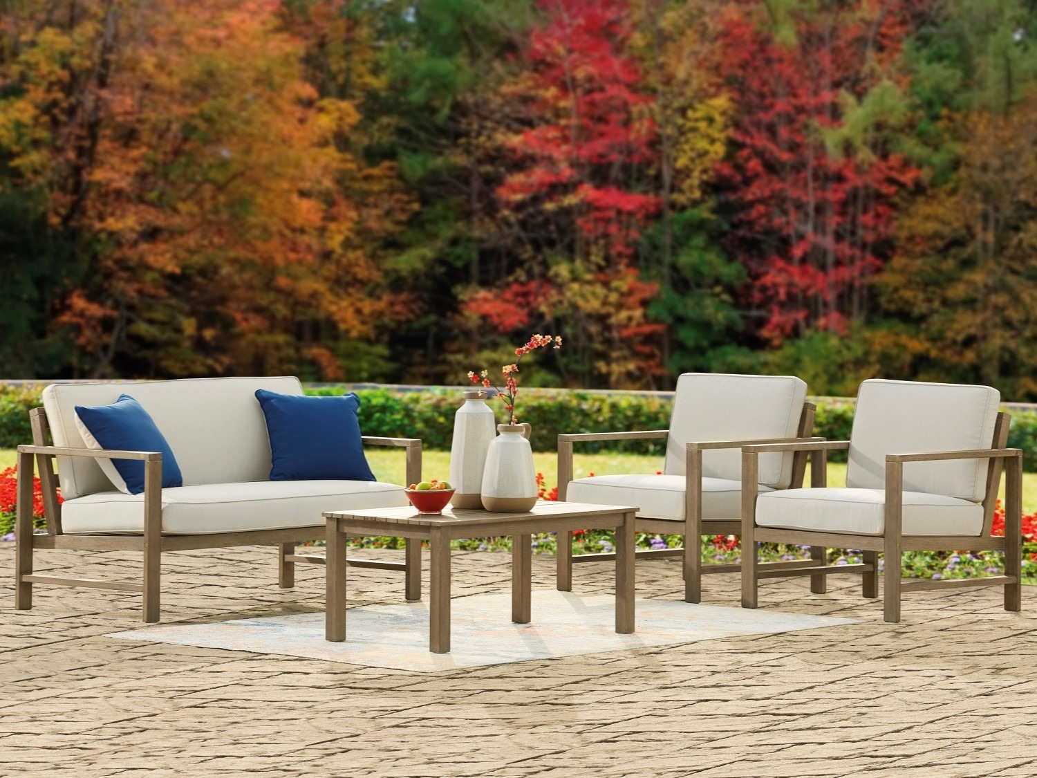 Fynnegan Outdoor Loveseat and 2 Chairs with Coffee Table (Light Brown)