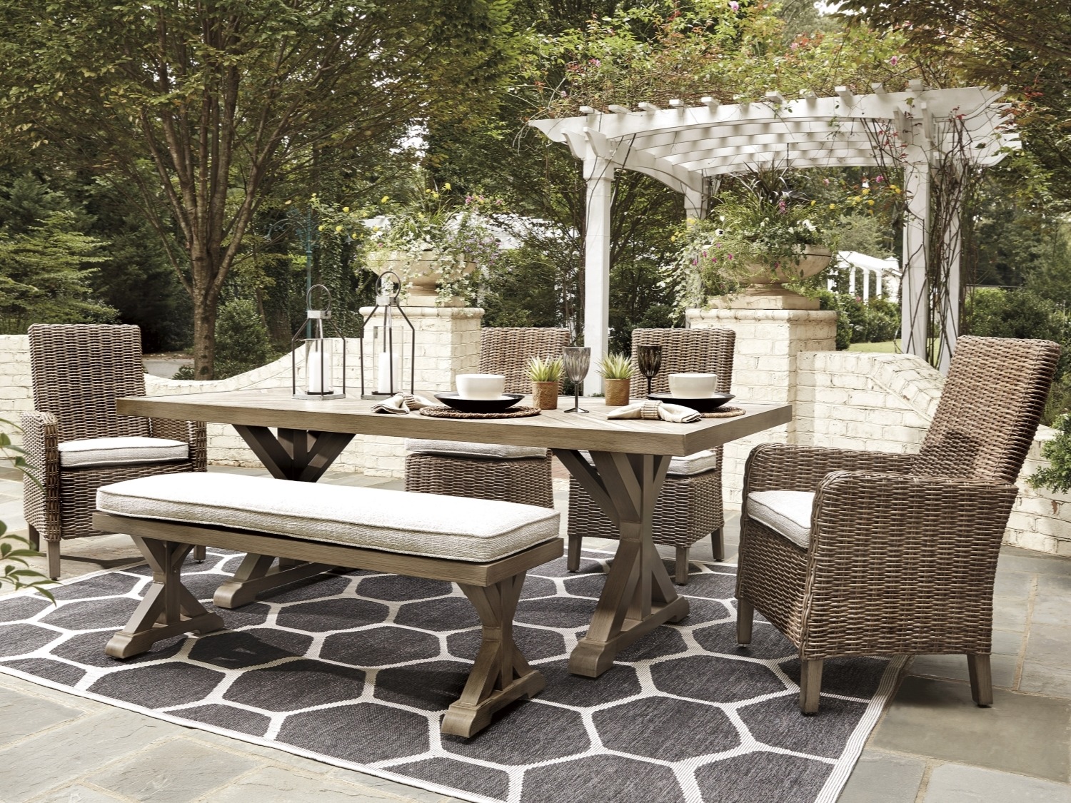Beachcroft Outdoor Dining Table and 4 Chairs and Bench